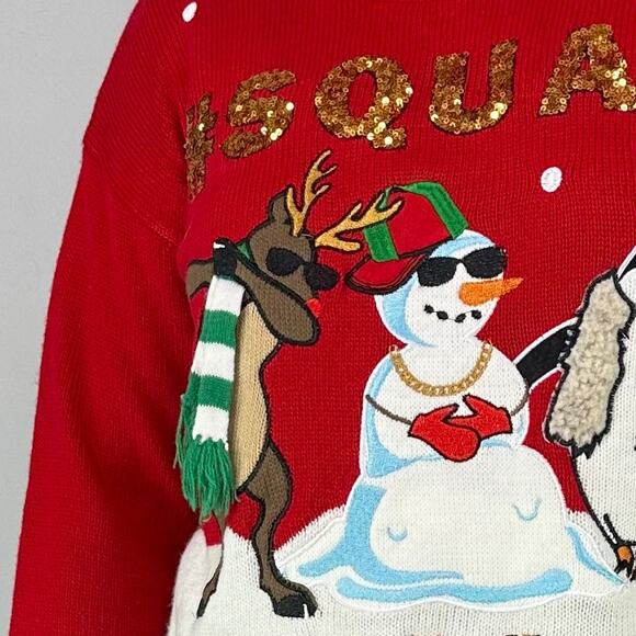 Hooked Up "#Squad Goals" Red Ugly Christmas Sweater Sequins - Picture 2 of 8